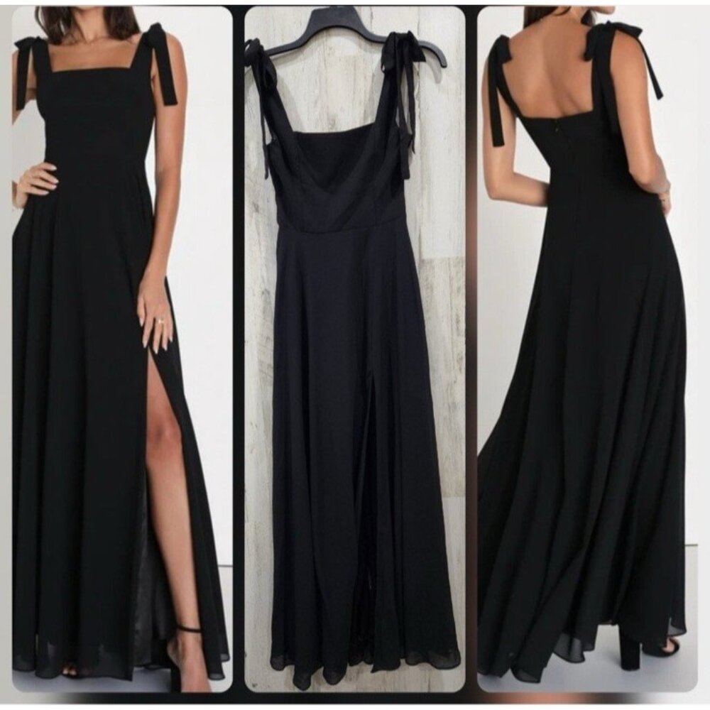Lulus Long Dress Womens XS Black Maxi Tie Shoulder Square Neck Slit Gown New